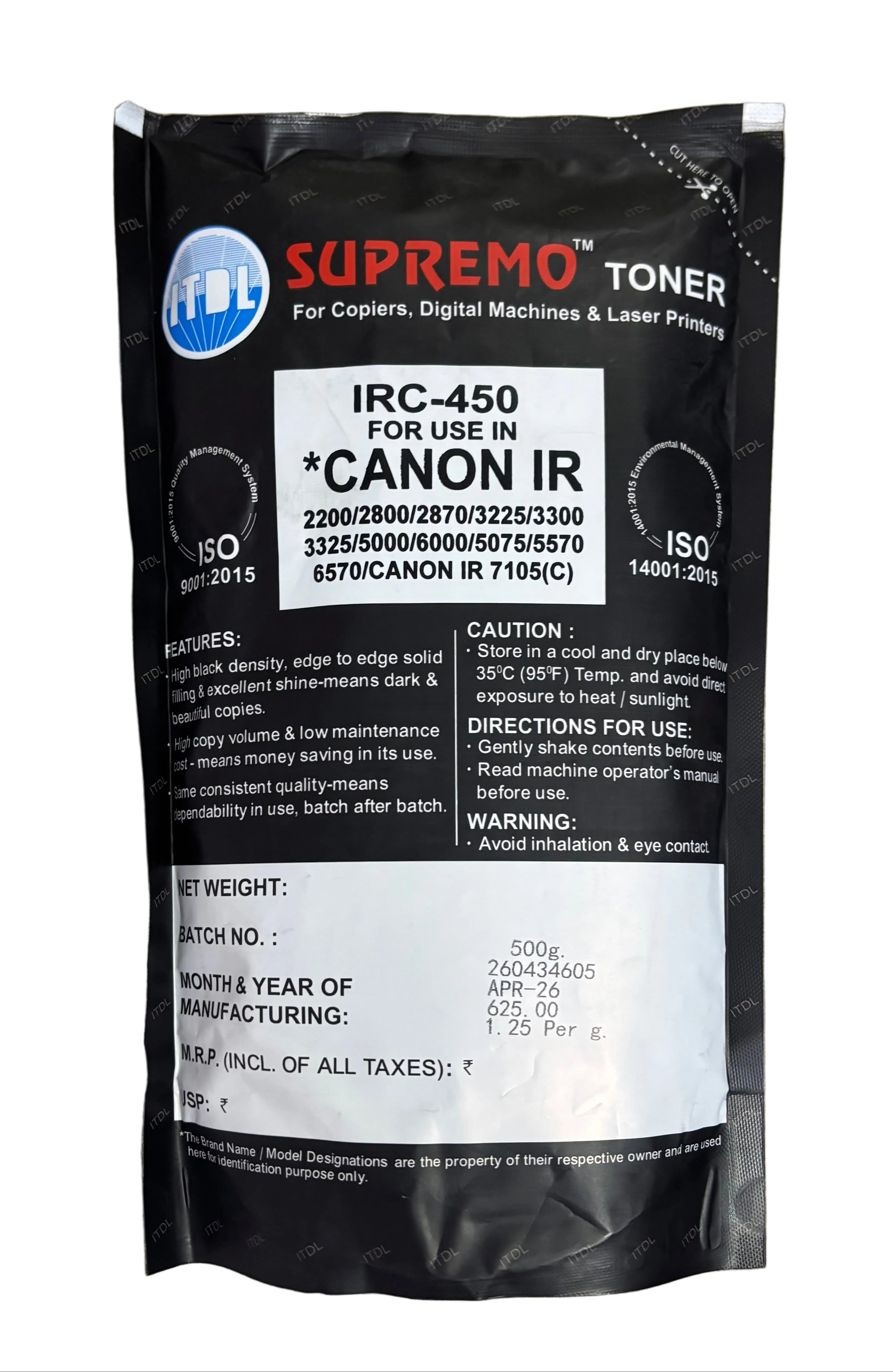 ITDL IRC450 Toner Powder (500 Gram) For Canon Image Runner IR3300 / IR2200 / IR5000 / IR6000 / IR2525 /