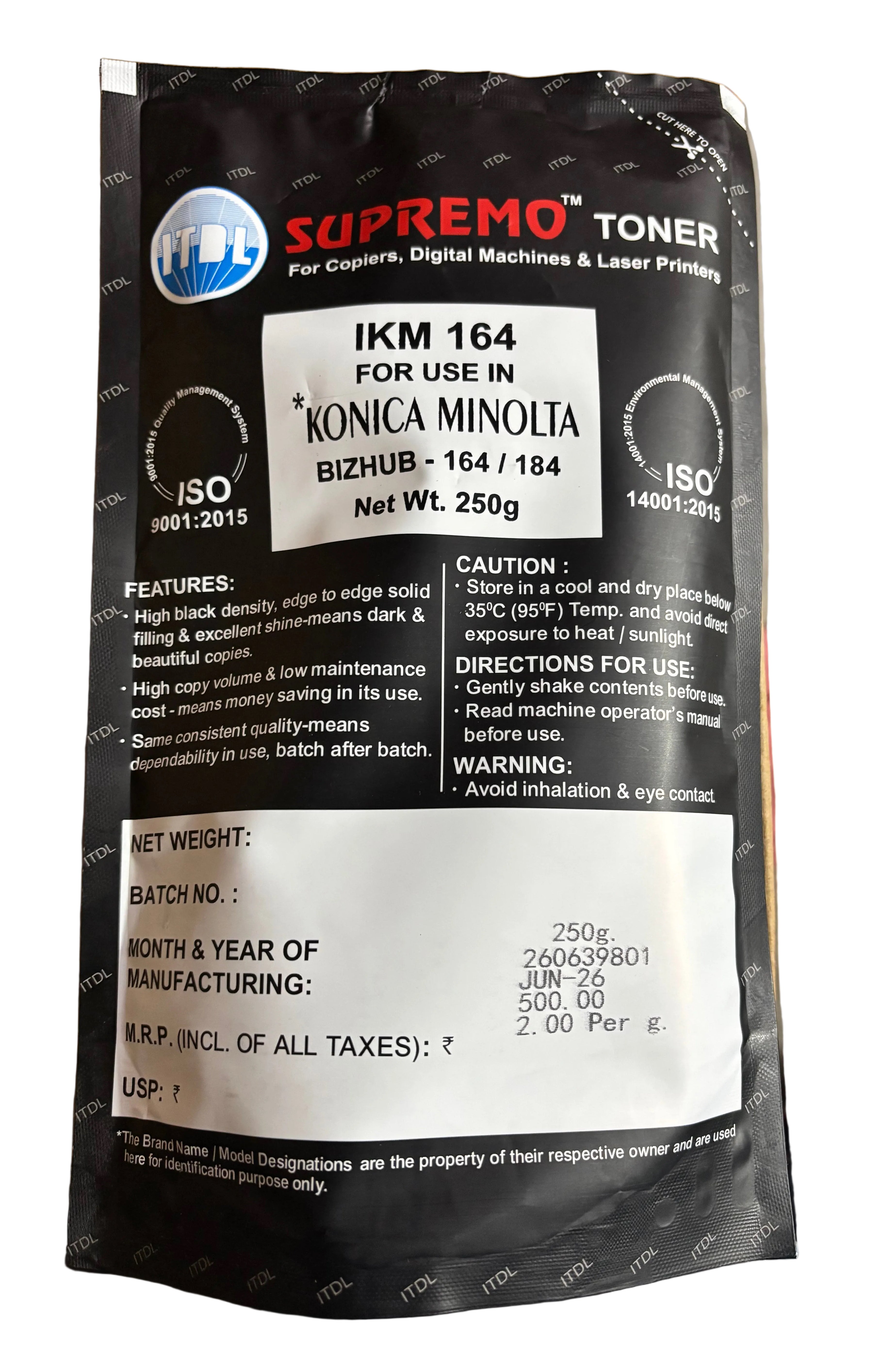 ITDL IKM164 Toner Powder (250 Gram) For Konica Minolta BizHub 164 / 215 / 195 / 7718 / 184