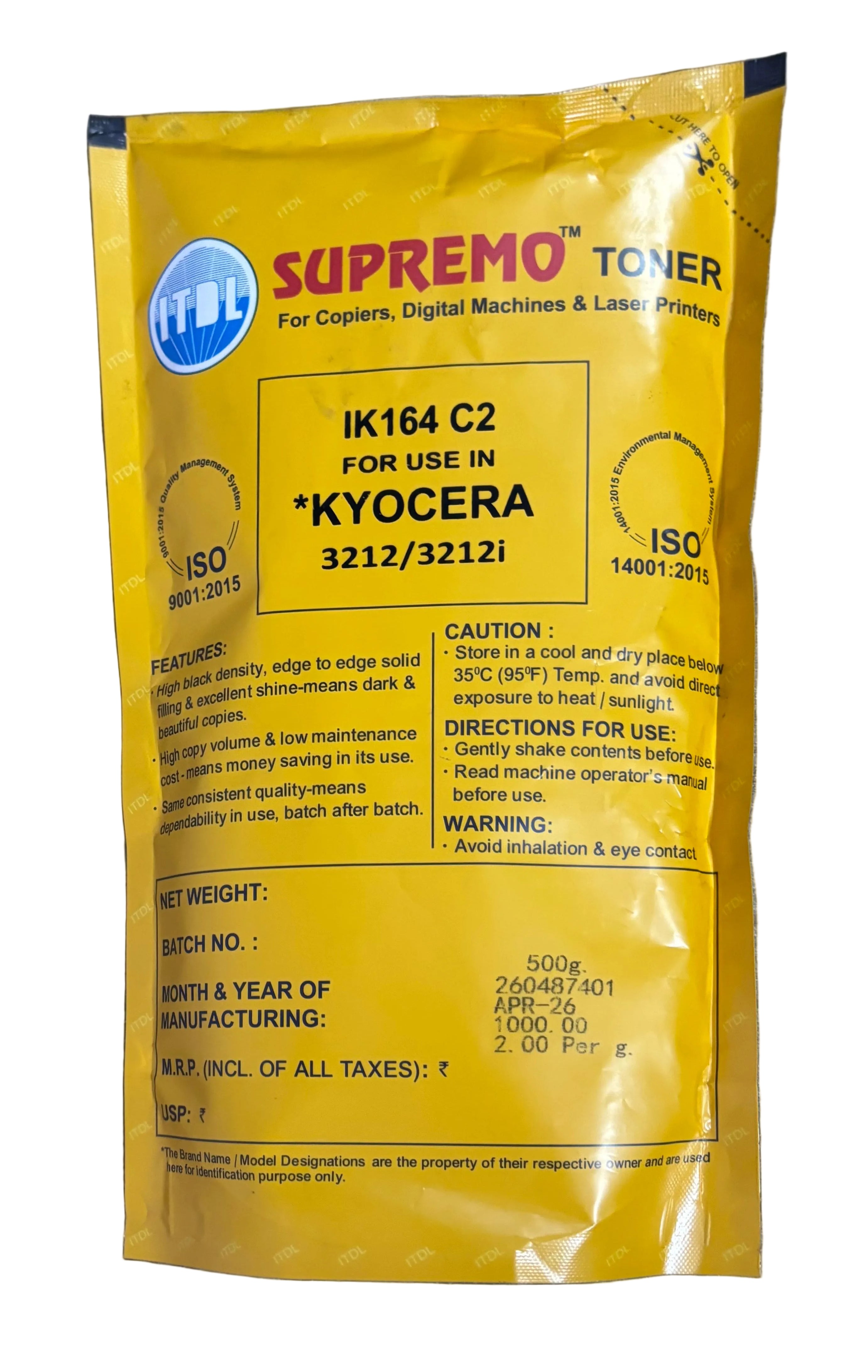 ITDL IK164 Toner Powder (500 Gram) For Kyocera Taskalfa 3212i / 4012i / M3145 / M3645 Photocopier Printer